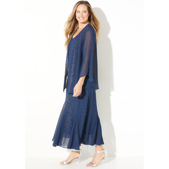 $199 Catherine's Navy Blue Masquerade Beaded Dress & Jacket Set 28W NEW - Picture 3 of 14